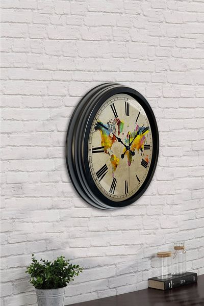 Kasva Concept Gift 40 cm Black Metal World Map Wall Clock