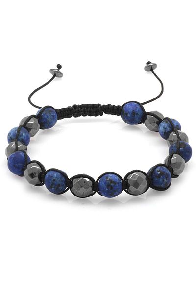 Tesbihane Macrame Braided Globe Cut Matte Navy Blue Ceyd-facetated Hematite Combination Natural Stone Bracelet