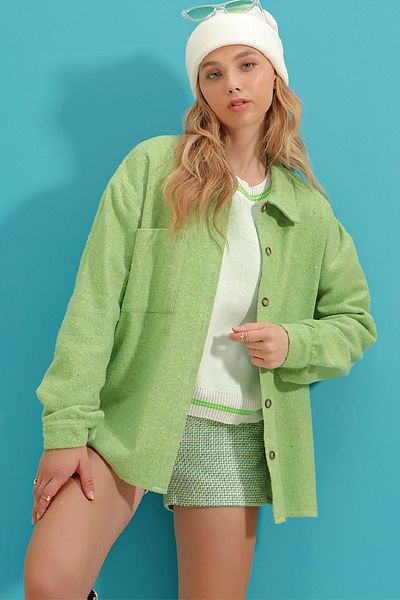 Trend Alaçatı Stili Women's Apple Green Single Pocket Oversize Eyebrow Shirt ALC-X7264