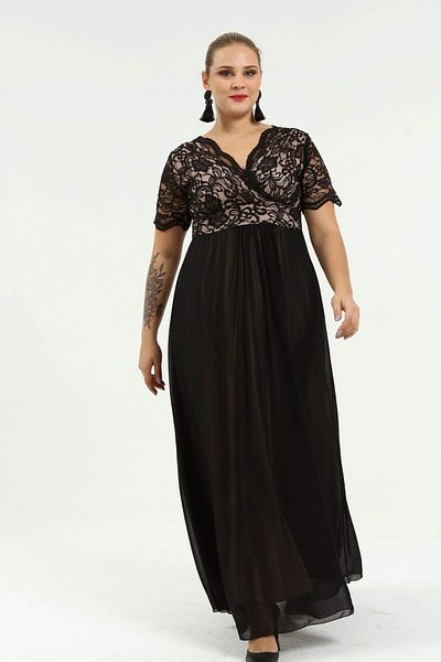 ANGELINO Plus Size Guipure and Chiffon Detailed Double Breasted Long Evening Dress Dd793
