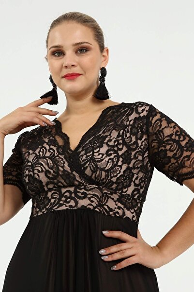 ANGELINO Plus Size Guipure and Chiffon Detailed Double Breasted Long Evening Dress Dd793