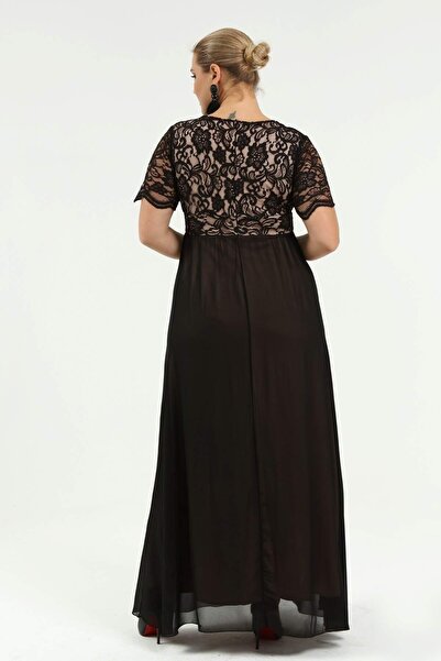 ANGELINO Plus Size Guipure and Chiffon Detailed Double Breasted Long Evening Dress Dd793