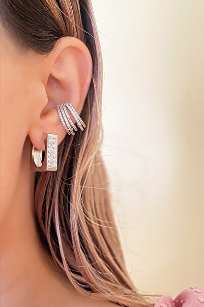 Ressia Kadın Gümüş Kaplama Yıldızlı Beş Şerit Tasarımlı Kıkırdak Küpe