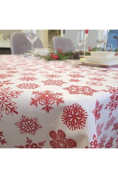 Konyaaltı Çeyizevi Yılbaşı Masa Örtüsü Dertsiz Masa Örtüsü Kar Taneli Yılbaşı Konsepti Beyaz Kırmızı Masa Örtüsü