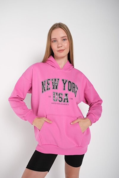 MODAGEN Női rózsaszín New York-i USA nyomott kapucnis oversize pulóver