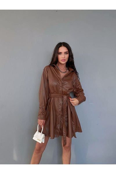 LB Laluna Butik Γυναικείο Καφέ Δερμάτινο Λύκρα Φόρεμα Λεπτομερές μακρυμάνικο πουκάμισο με ζώνη στη μέση