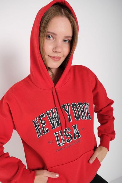 MODAGEN Női piros New York-i USA nyomott kapucnis oversize pulóver