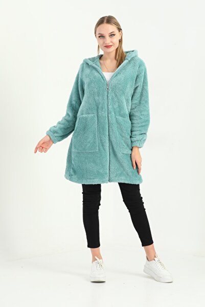 Genel Markalar Welsoft Fermuarlı Kapüşonlu Uzun Polar Hırka Mint Yeşili