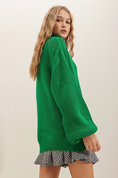 Trend Alaçatı Stili Pulover tricotat Thessaloniki cu fermoar în față verde pentru femei ALC-X7222