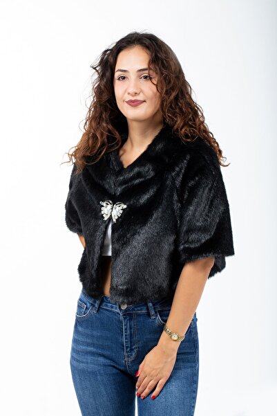 KRK Kadın Siyah Gelin Ve Abiye Kürk Kısa Kollu Taşlı Bolero