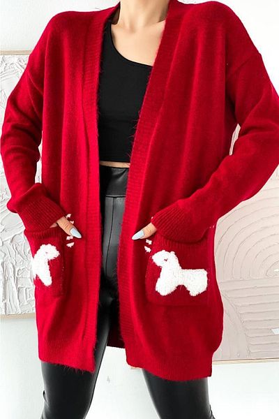 FEMELLE Cardigan din tricotaj fluide cu buzunar dublu Claret Red Sheep Character de damă