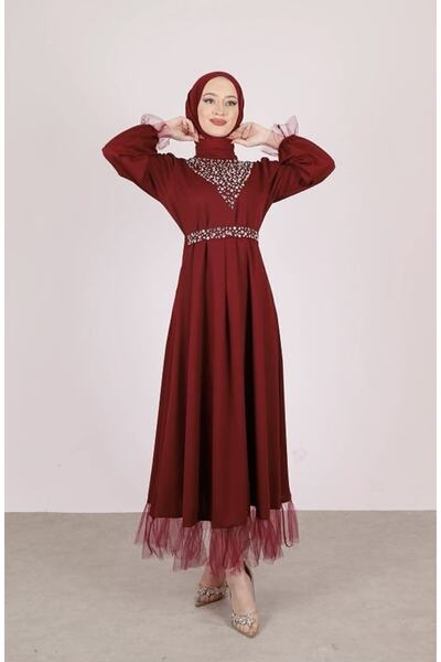 Wual giyim Γυναικείο φόρεμα Hijab με πέτρα μπροστά με λεπτομέρεια ζωσμένο μαύρο