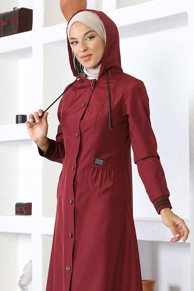 Modamihram Gerippter Trenchcoat mit Kapuze in Weinrot
