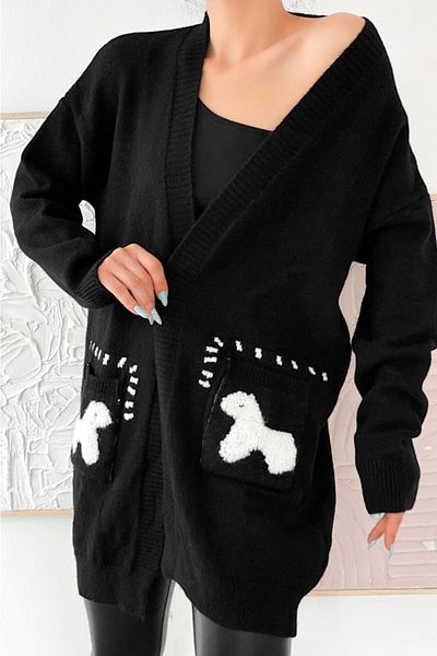 FEMELLE Cardigan de tricotaj fluide cu buzunar dublu cu caracter de oaie pentru femei