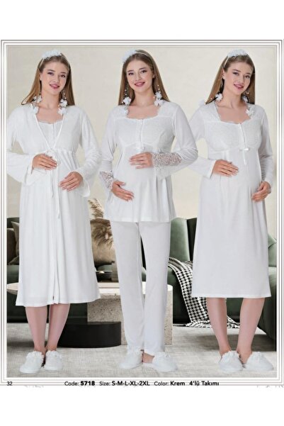 Mecit Pijama 5718 Ecru 4-Piece Maternity Pajamas Nightgown with Dressing Gowns