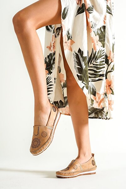 Deripabuc Genuine Leather Beige Women's Leather Casual Shoes Dp16-0066