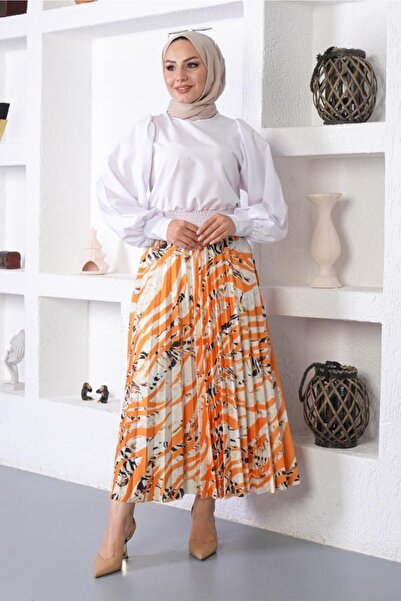 benguen 4525 Patterned Hijab Pleated Skirt Orange