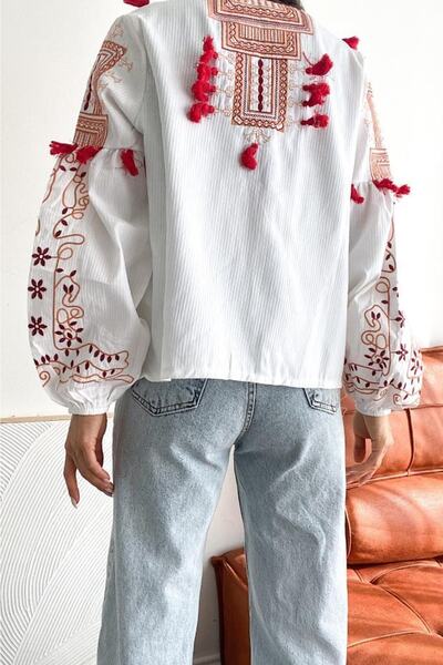 FEMELLE Women's Tasseled Ethnic Pattern Embroidered Vintage Linen Jacket