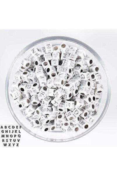 yfhobi 25 Gram- 6 Mm Küp Harf Boncuk, Beyaz Üzeri Gümüş Renk Harf Boncuk 1.ka...