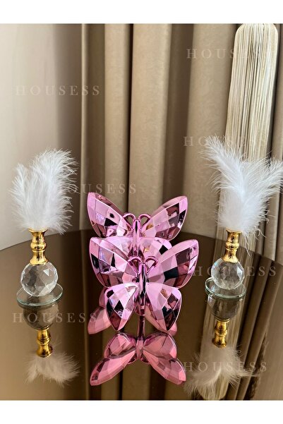 Housess Dekoratif Pembe Kelebek Ve 2 Adet Gold Tüylük Biblo Süs