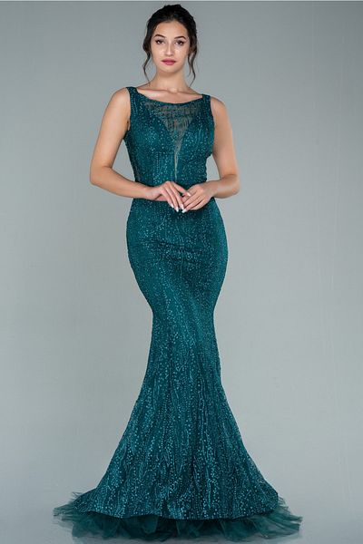 Abiyefon Σμαραγδένιο Πράσινο Αμάνικο Glitter Μακρύ βραδινό φόρεμα Abu1979