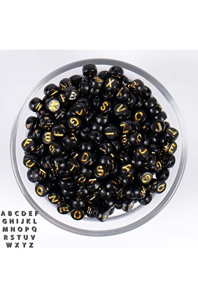 yfhobi 25 Gram- 7 Mm Yassı Harf Boncuk, Siyah Üzeri Altın Renk Harf Boncuk 1....