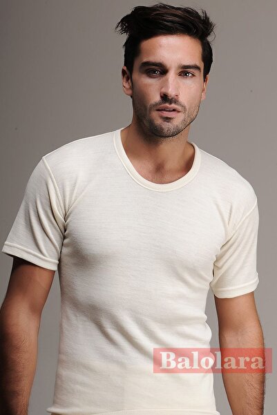 Hasyün 100 Tricou bărbătesc din lână cu mânecă scurtă, bej