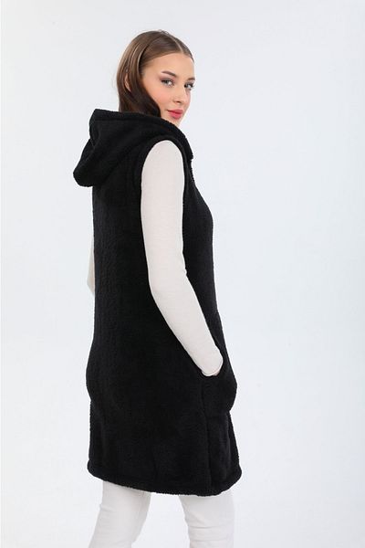 MODA VUSLAT Дамски черен дълъг жилет от полар с цип