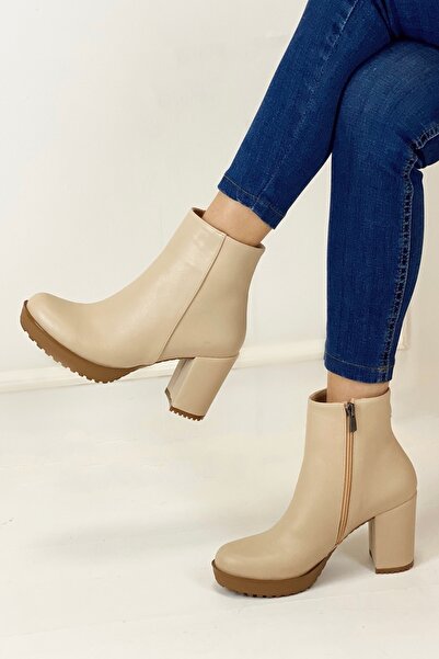 Nil Shoes Yobo Bej Cilt Topuklu Bot