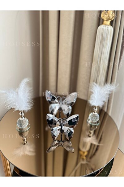 Housess Dekoratif Antrasit Kelebek Ve 2 Adet Gümüş Tüylük Biblo Süs