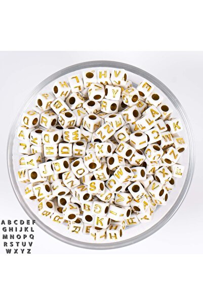 yfhobi 25 Gram- 6 Mm Küp Harf Boncuk, Beyaz Üzeri Altın Renk Harf Boncuk 1.ka...