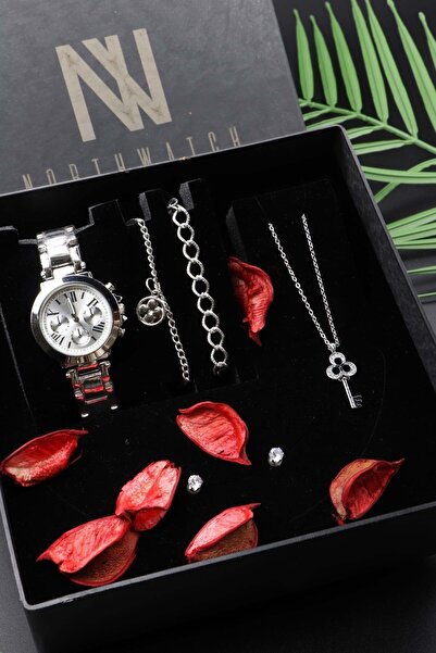 Northwatch Retro Mini Silver Kadın Saat, Kolye, Bileklik Ve Küpe Seti