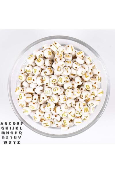 yfhobi 25 Gram- 7 Mm Yassı Harf Boncuk, Beyaz Üzeri Altın Renk Harf Boncuk 1....