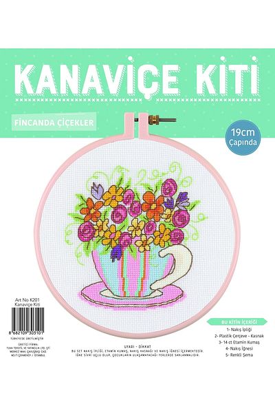 LİLYHOBBYLAND Cross Stitch Etamine Kit, Flowers in a 19 cm Cup with Pulley