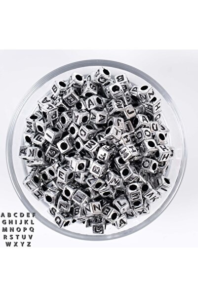 yfhobi 25 Gram- 6 Mm Küp Harf Boncuk, Metalik Gümüş Üzeri Siyah Harf Boncuk 1...