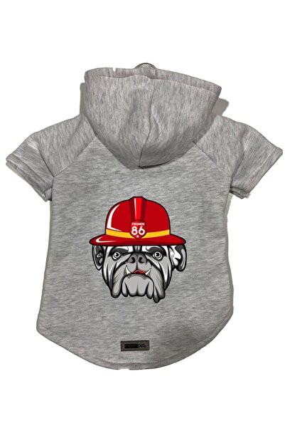 Monopetz رمادي Firemen مقاس L - سويت شيرت صوف بغطاء للرأس وملابس للكلاب/القطط