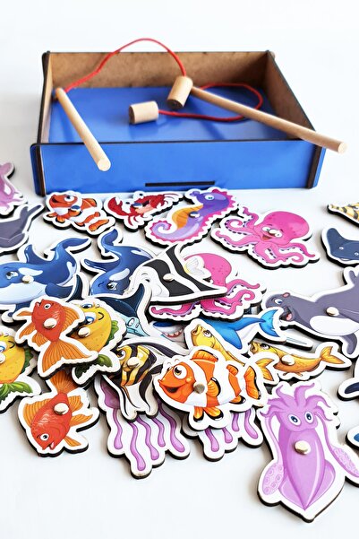metafortoys 39 Parça 2 Oltalı Ahşap Manyetik Balık Tutma & Eşleştirme Oyun Seti