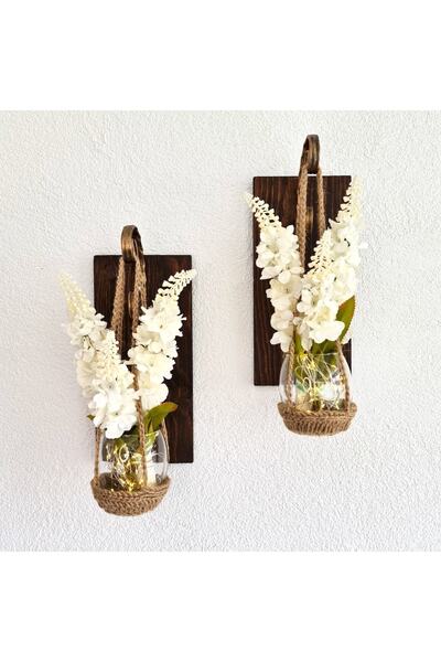 STDEKOR Duvar Dekoru, Led Işıklı, Beyaz Şebboy Çiçekli, Ceviz Aplik İkili Set