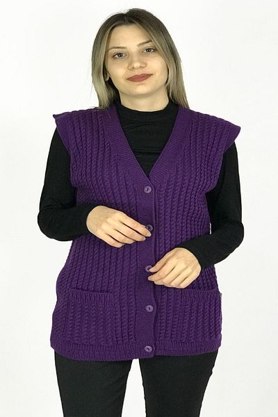 BARLAS TRİKO Women's V-Neck Wool Knitwear Mother's Pocket Hair Knitted Vest