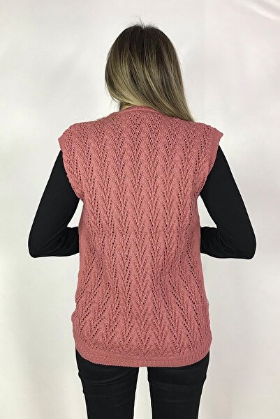 BARLAS TRİKO Women's V-Neck Wool Knitwear Houndstooth Mother's Pocket Vest