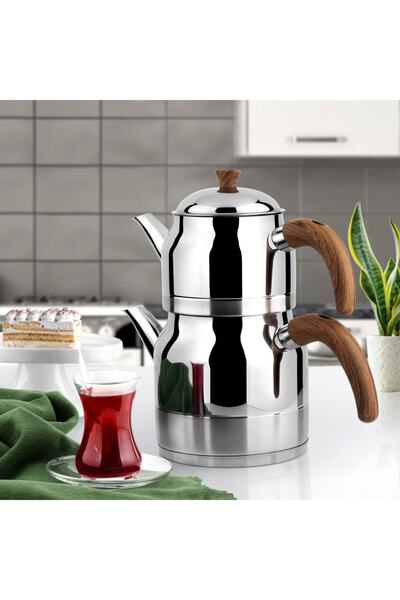 Lines Ayperi Çelik Çaydanlık Ahşap Kulp Mini Boy Demlik 0,70 Lt Suluk 1,20 Lt