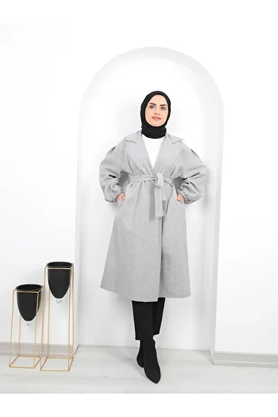 Aranlı tekstil Belted Women's Hijab Coat with Gathered Sleeves