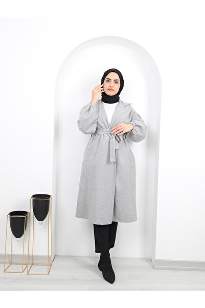 Aranlı tekstil Belted Women's Hijab Coat with Gathered Sleeves