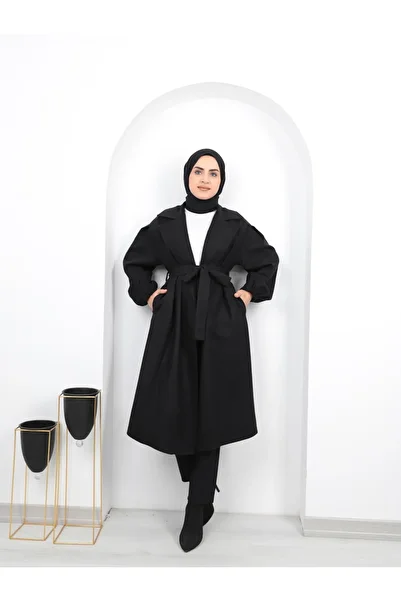 Aranlı tekstil Belted Women's Hijab Coat with Gathered Sleeves