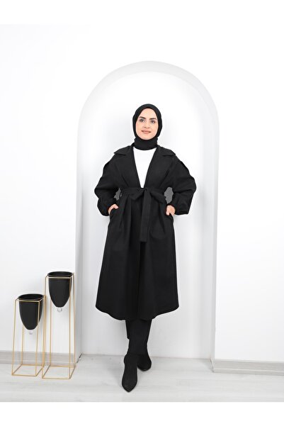 Aranlı tekstil Belted Women's Hijab Coat with Gathered Sleeves