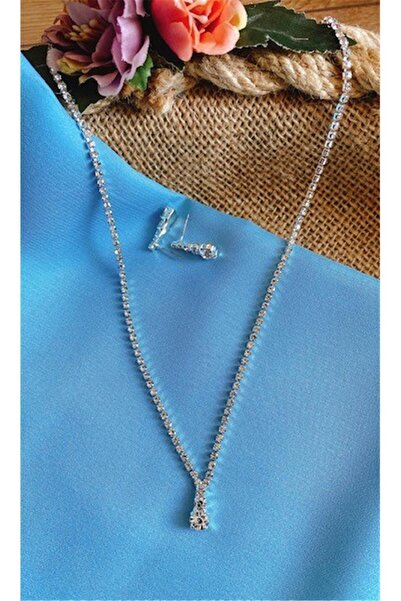 Yeşim Aksesuar Su Yolu Gelin Kolye Küpe Seti Taşlı Abiye Set Gerdanlık