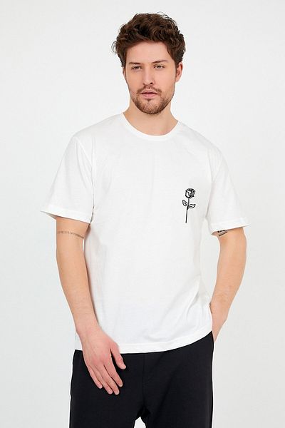Mambo Unisex White Front Rose Printed Loose Fit Oversize Cotton Tshirt