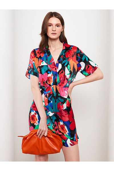 LC Waikiki Shirt Collar Patterned Short Sleeve Satin Women's Dress