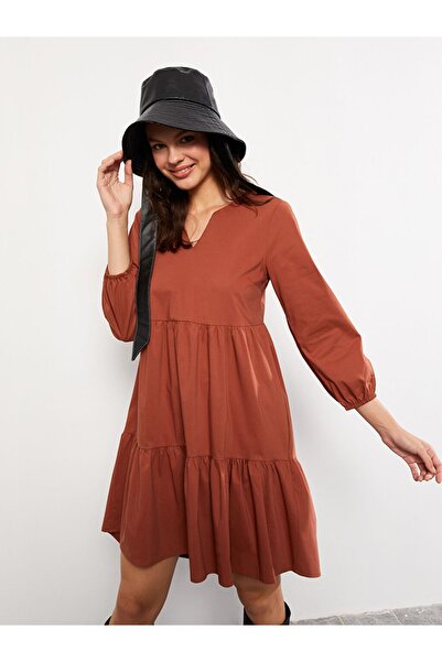 LC Waikiki LCW Vision Kahverengi Kaçık Yaka Düz Poplin Kadın Gömlek Elbise