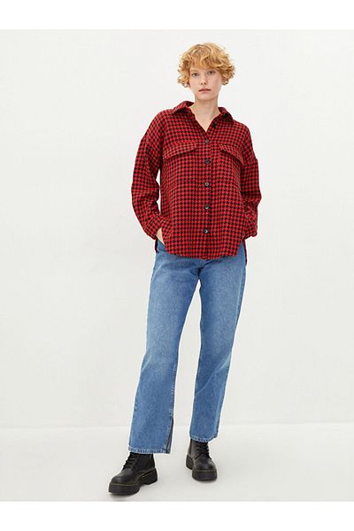 LC Waikiki Front Button Closure Houndstooth Patterned Long Sleeve Women's Shirt Jacket